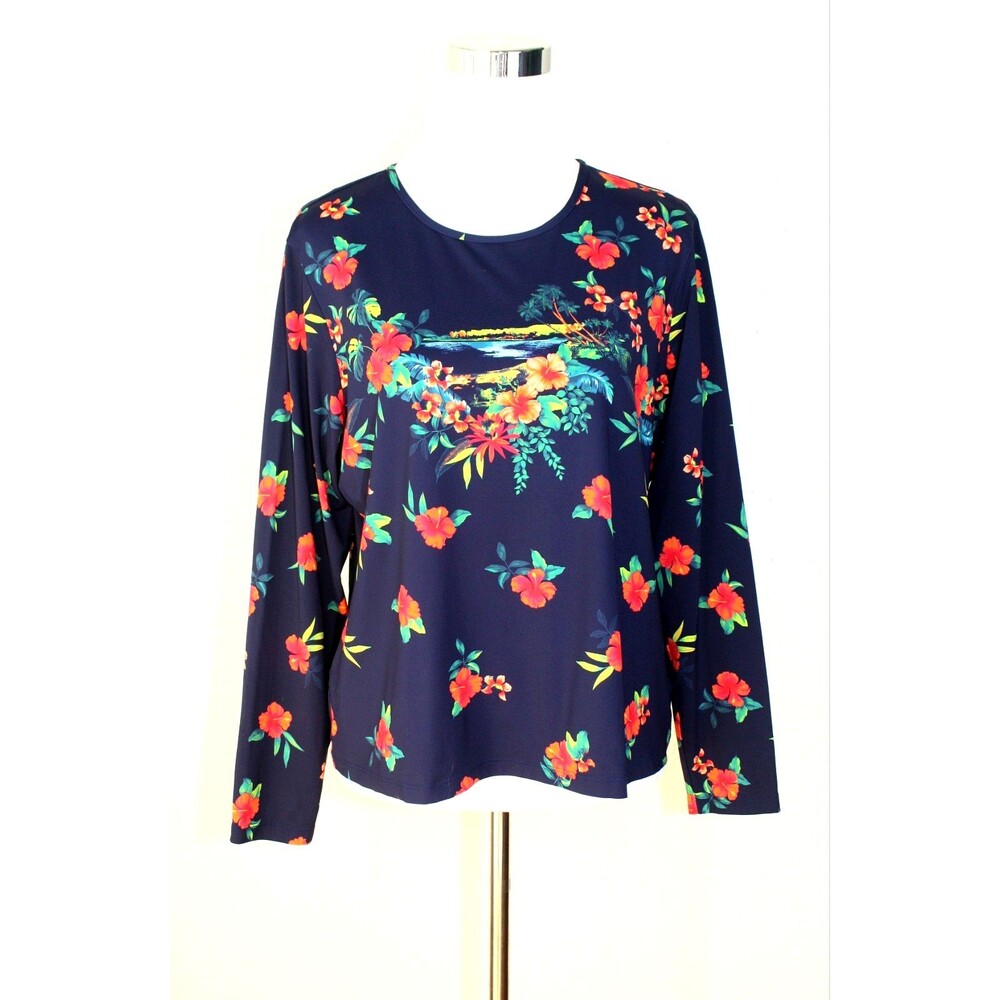 LANDS END Swim Top Rush Guard Long Sl. Navy Red Green Tropical Floral XLP 18 #02
